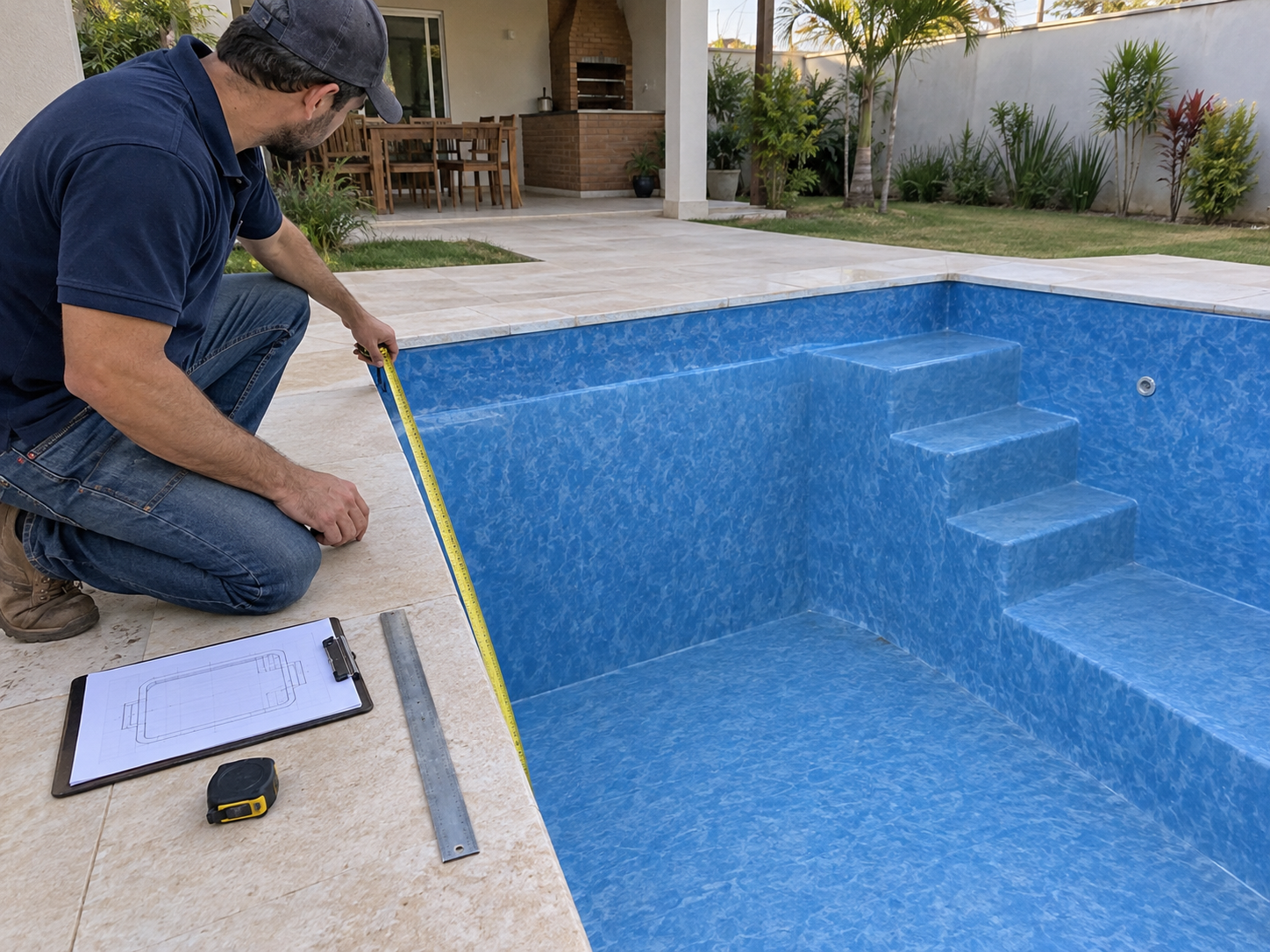 Técnico medindo revestimento de vinil de piscina antes da troca no Bairro Goiá I