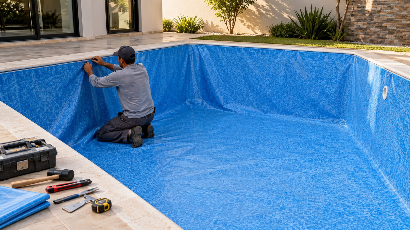 Profissional instalando revestimento de vinil azul em piscina durante atendimento técnico