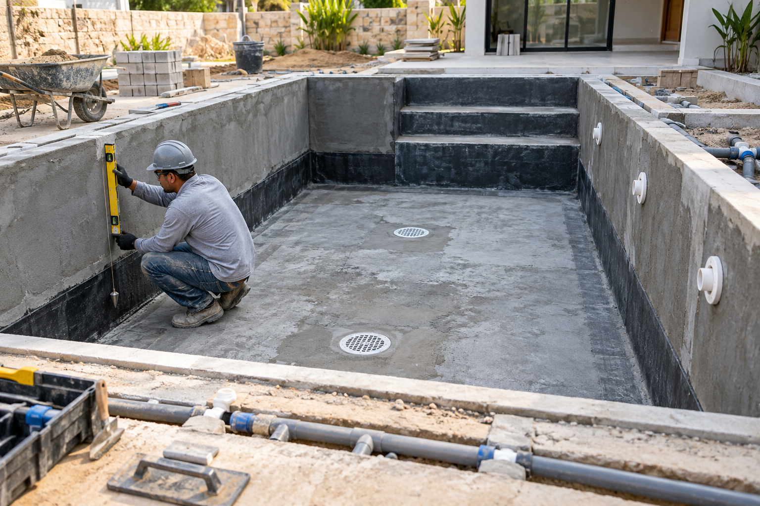 Piscina de alvenaria em obra com ralos, tubulação e profissional conferindo o nivelamento