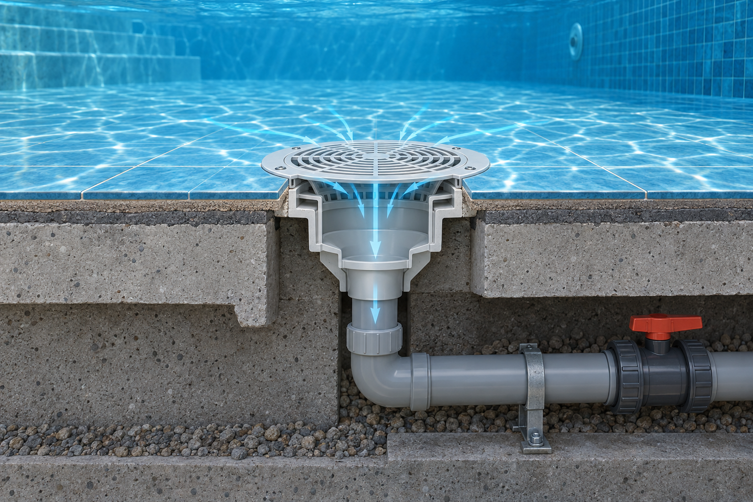 Corte técnico mostrando ralo de fundo, grelha e tubulação de sucção sob o piso da piscina.