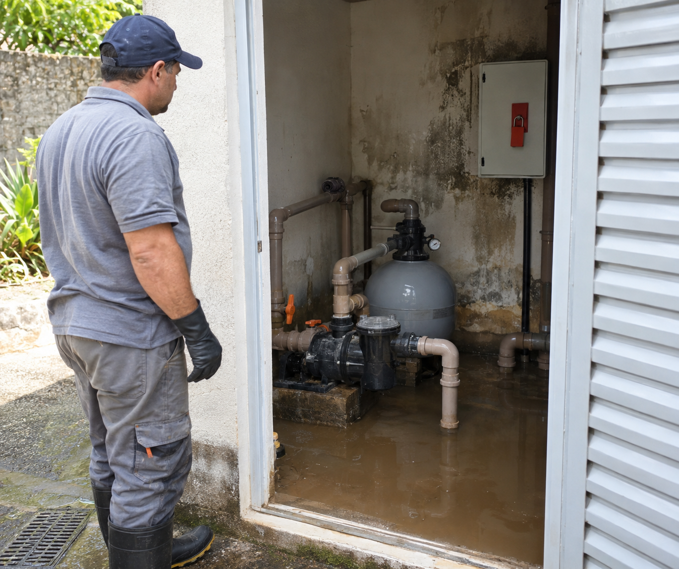 Técnico avaliando com segurança casa de máquinas de piscina molhada após alagamento.