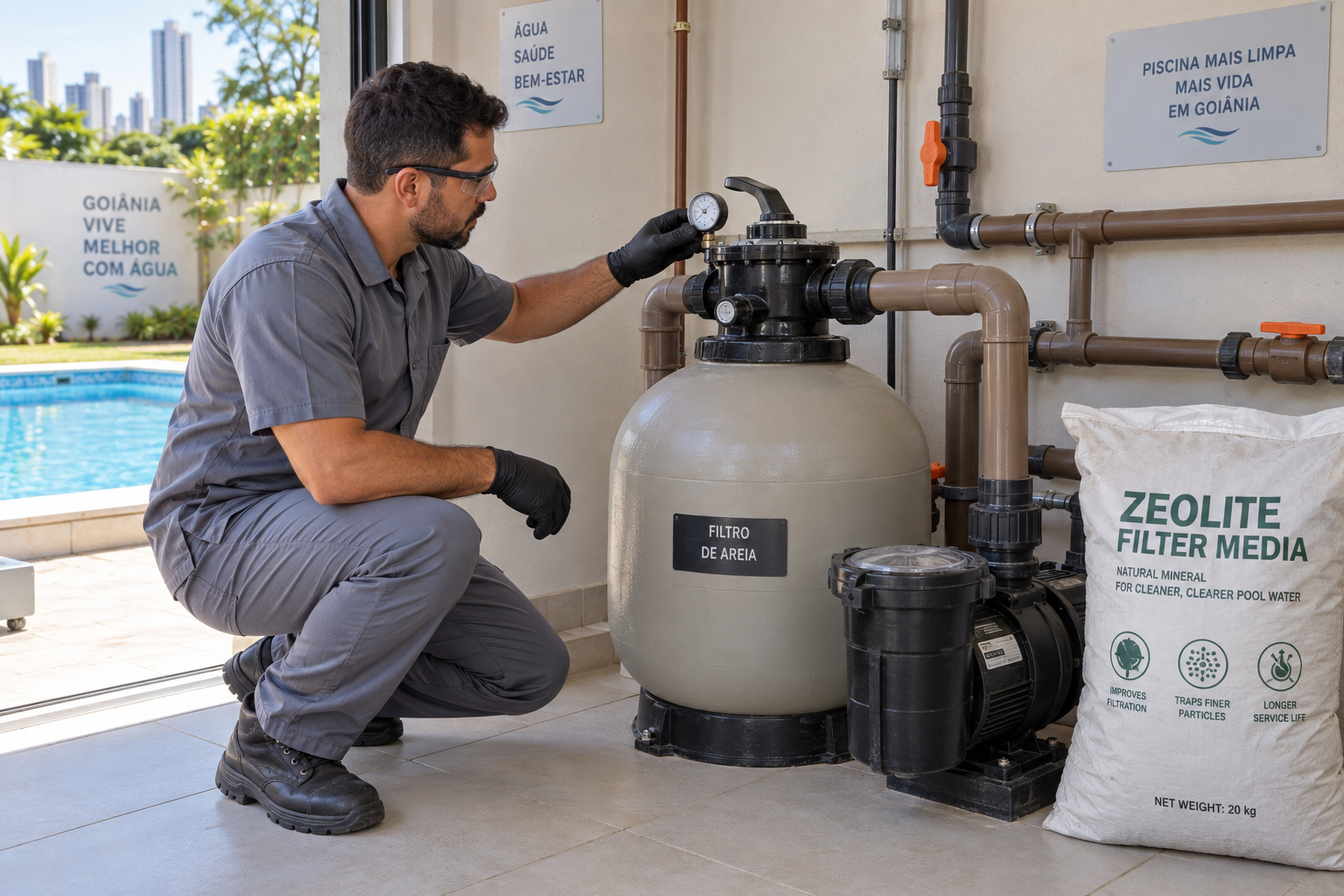 Técnico verificando o manômetro e a válvula seletora de um filtro de piscina
