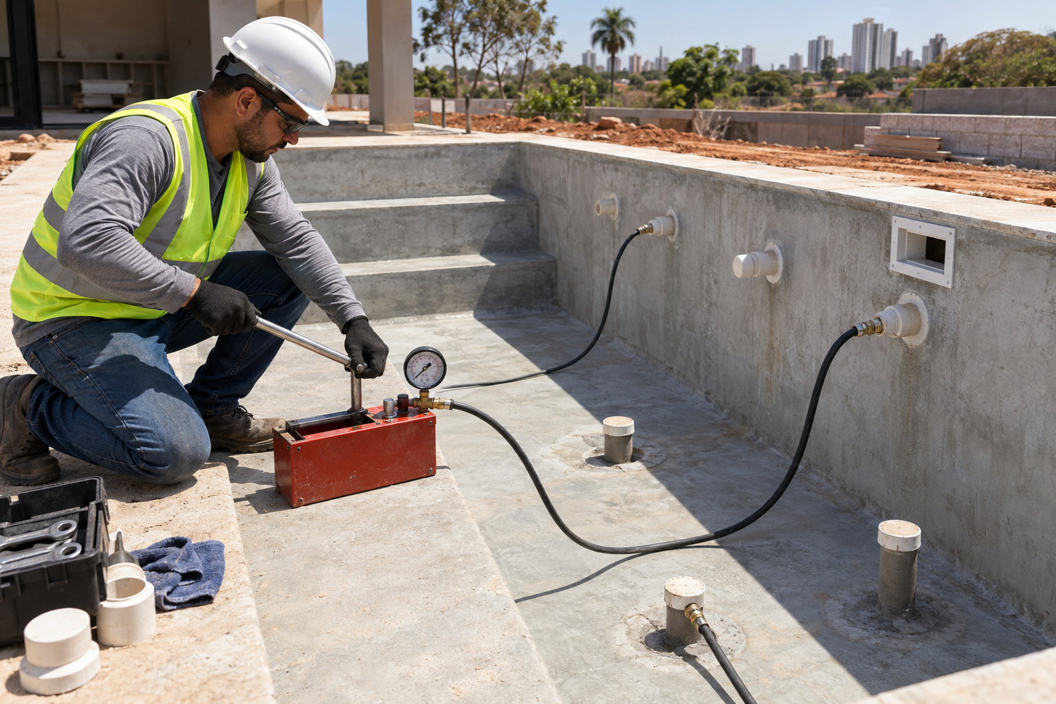 Técnico com manômetro realizando teste de pressão nas tubulações da piscina de alvenaria.