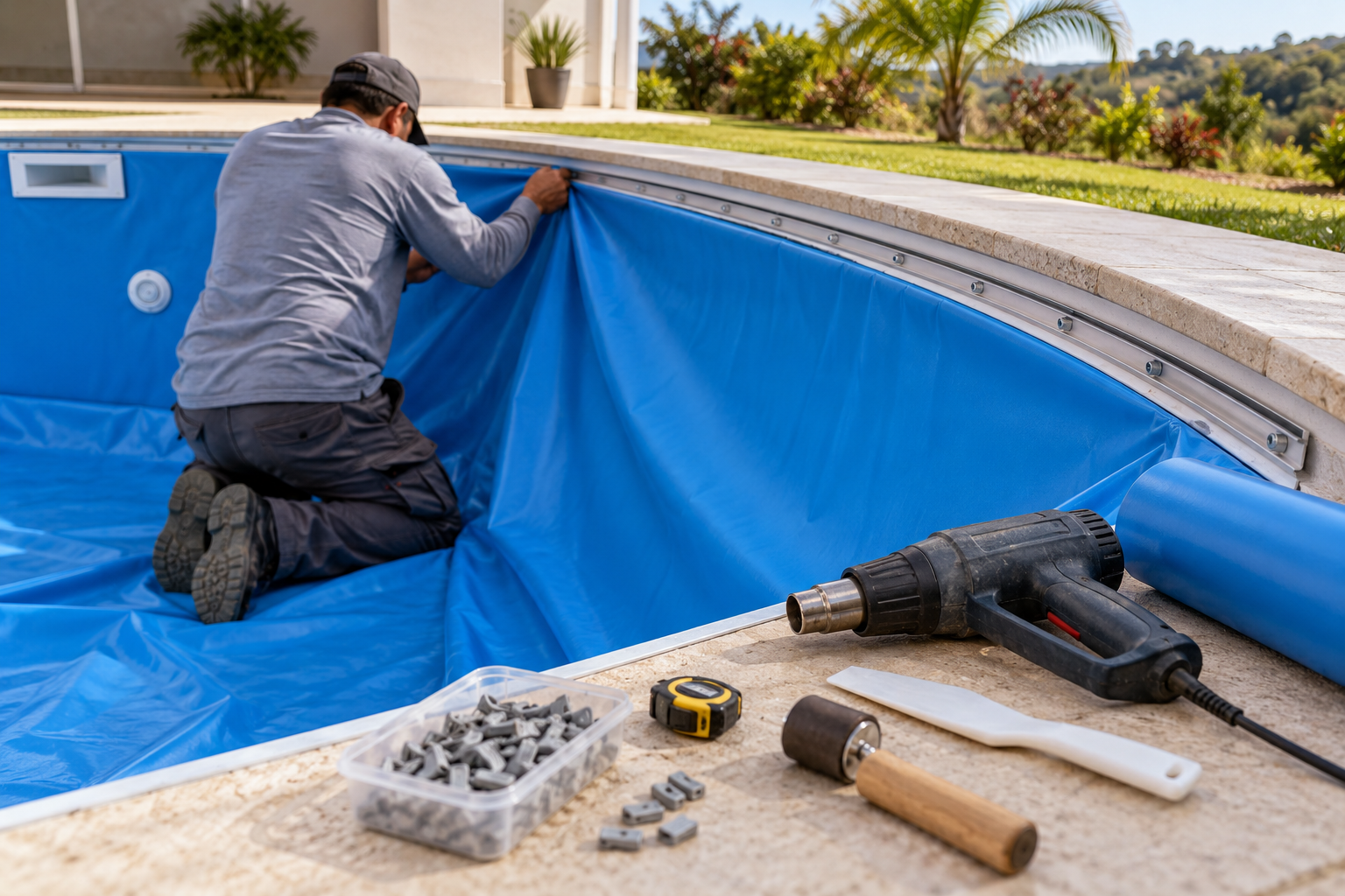 Profissional ajustando o revestimento de vinil azul no trilho de uma piscina durante a troca