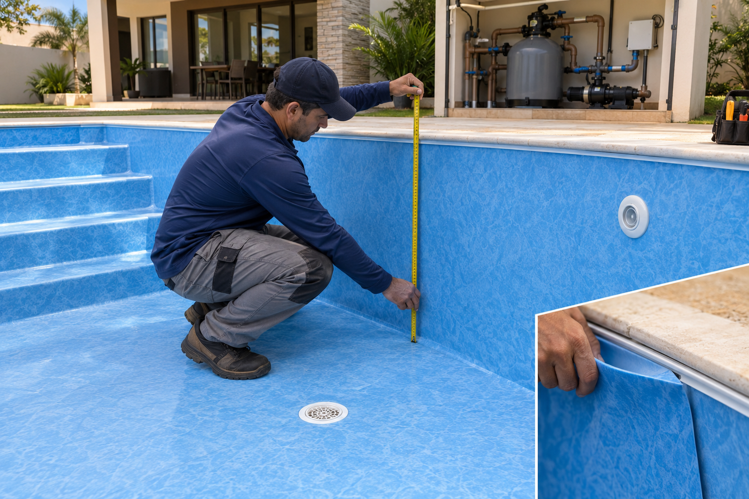 Profissional medindo a profundidade de uma piscina de vinil antes da troca do revestimento