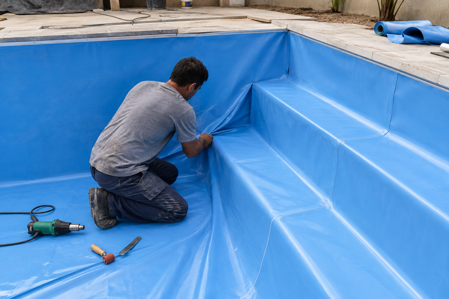 Técnico ajustando a manta de vinil azul nos degraus de uma piscina em reforma no Jardim das Acácias Norte