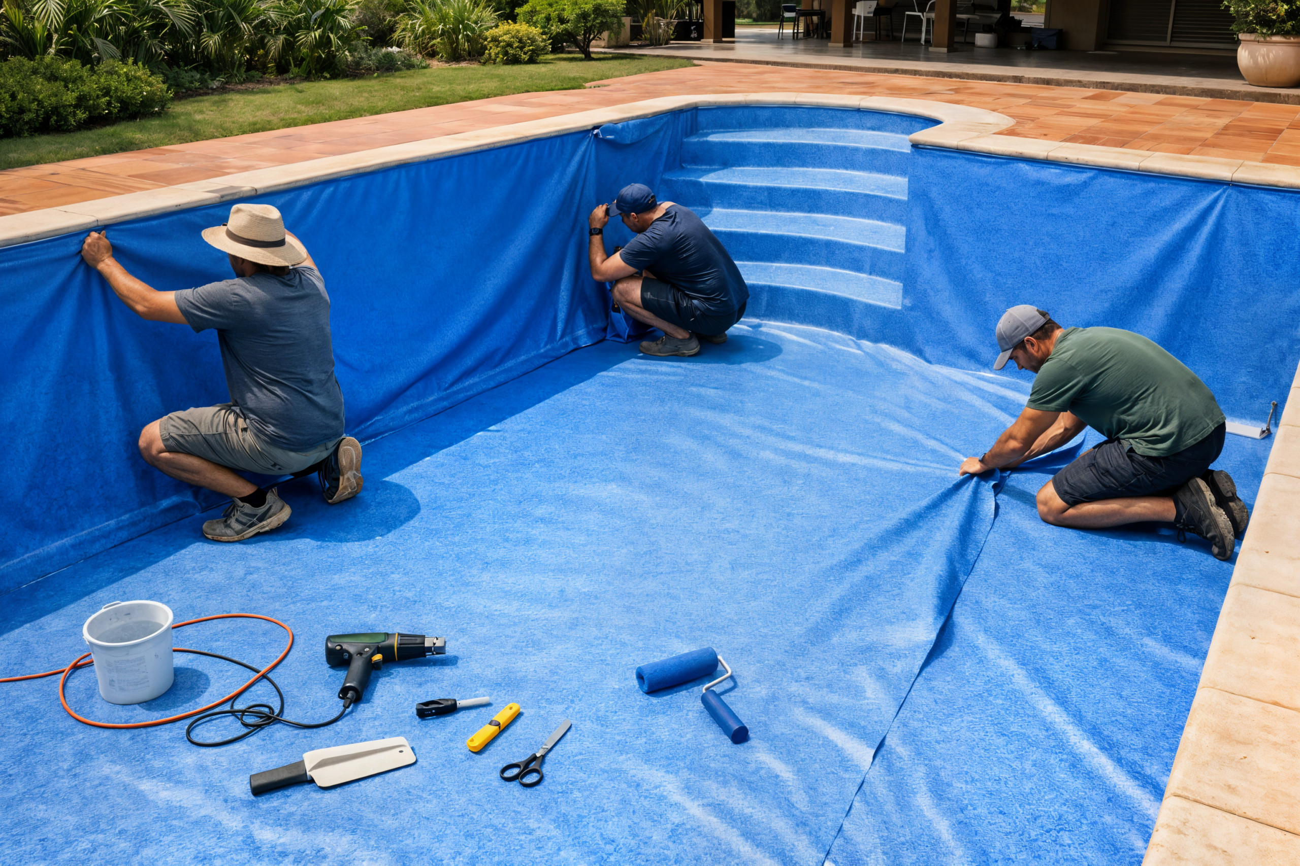 Equipe ajustando revestimento vinílico novo nas paredes de uma piscina residencial.