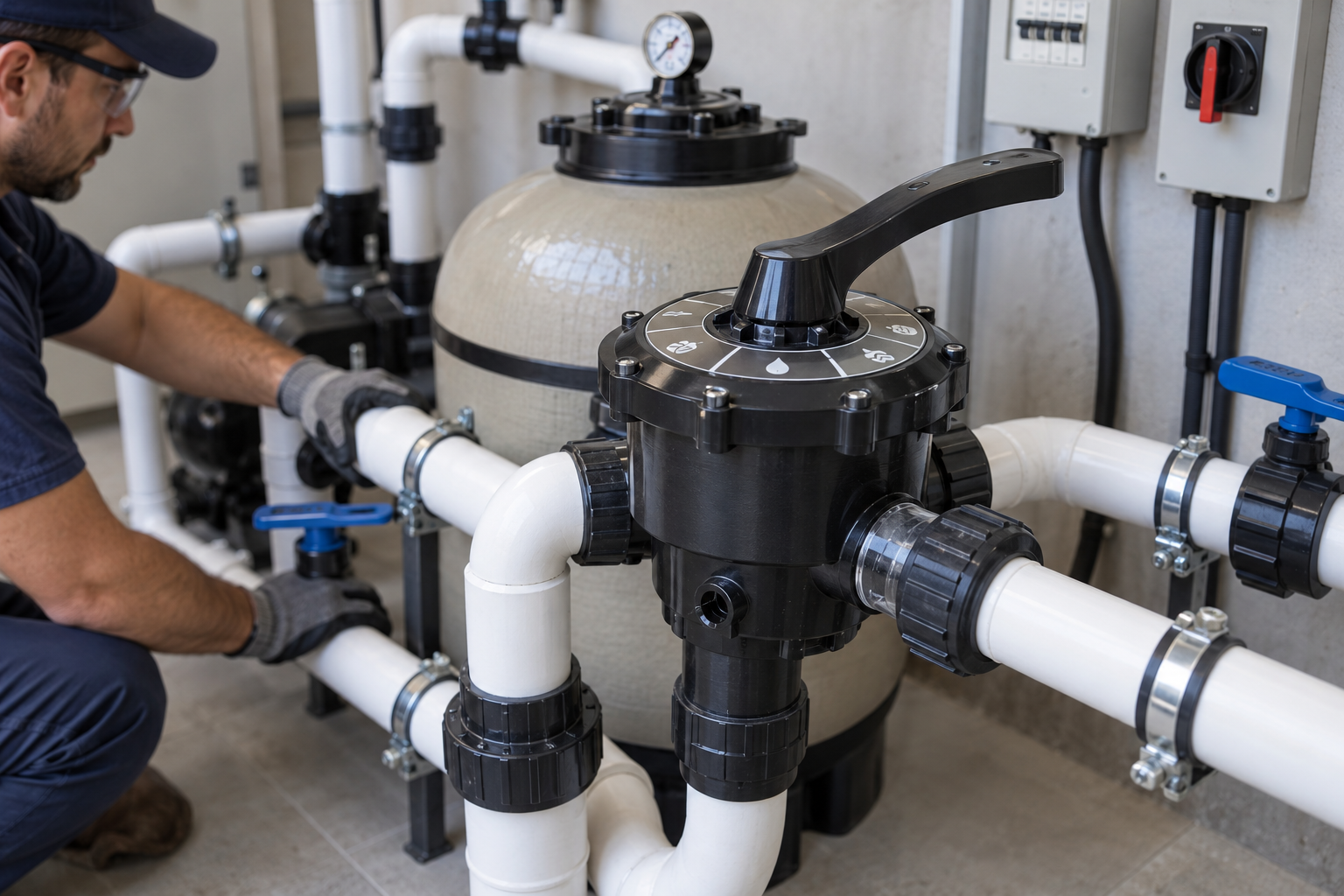 Válvula seletora multivias instalada na casa de máquinas de uma piscina.