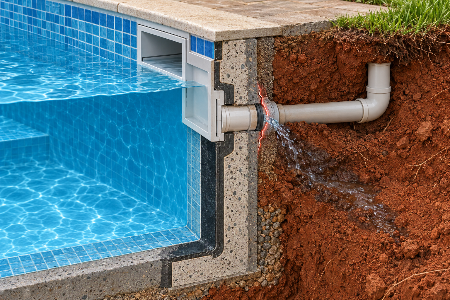Corte ilustrativo de piscina de alvenaria com vazamento na passagem hidráulica