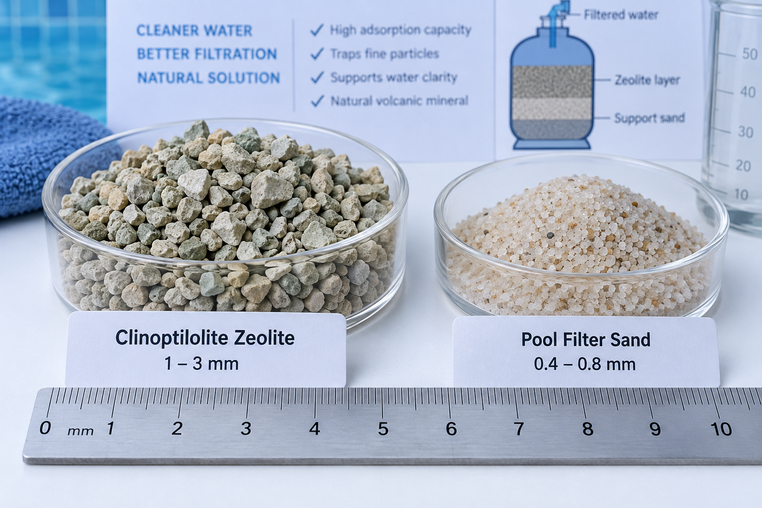 Grânulos de zeólita natural e areia para filtro de piscina lado a lado com referência de granulometria.